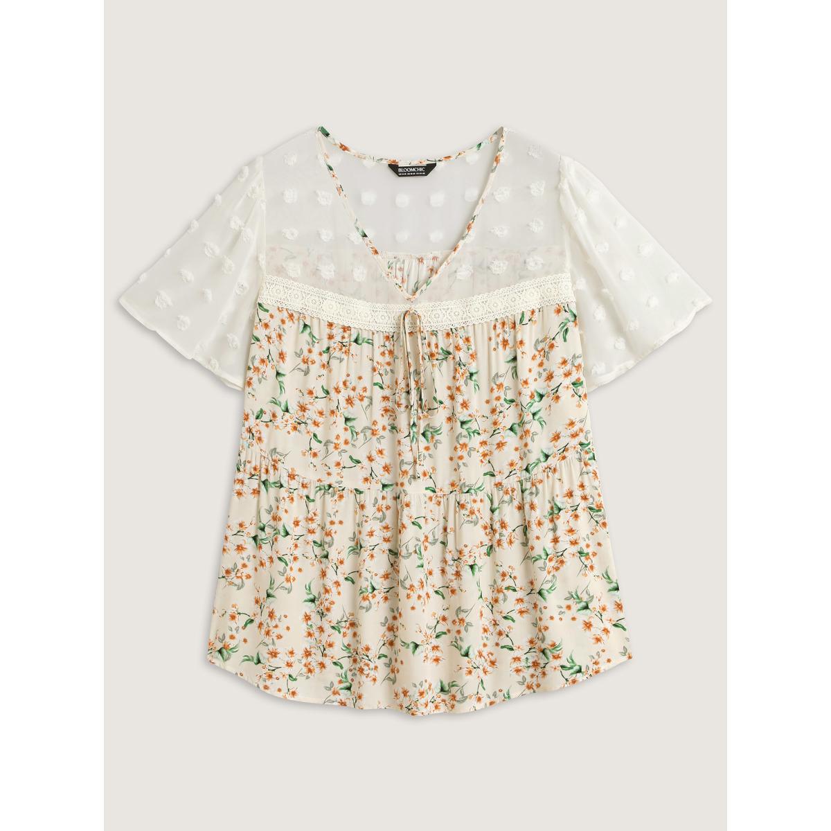 Plus Size Beige Floral Print Lace Sheer Sleeve Blouse Women Romantic Short sleeve V-neck Elegant Blouses BloomChic 30/6X Product Image