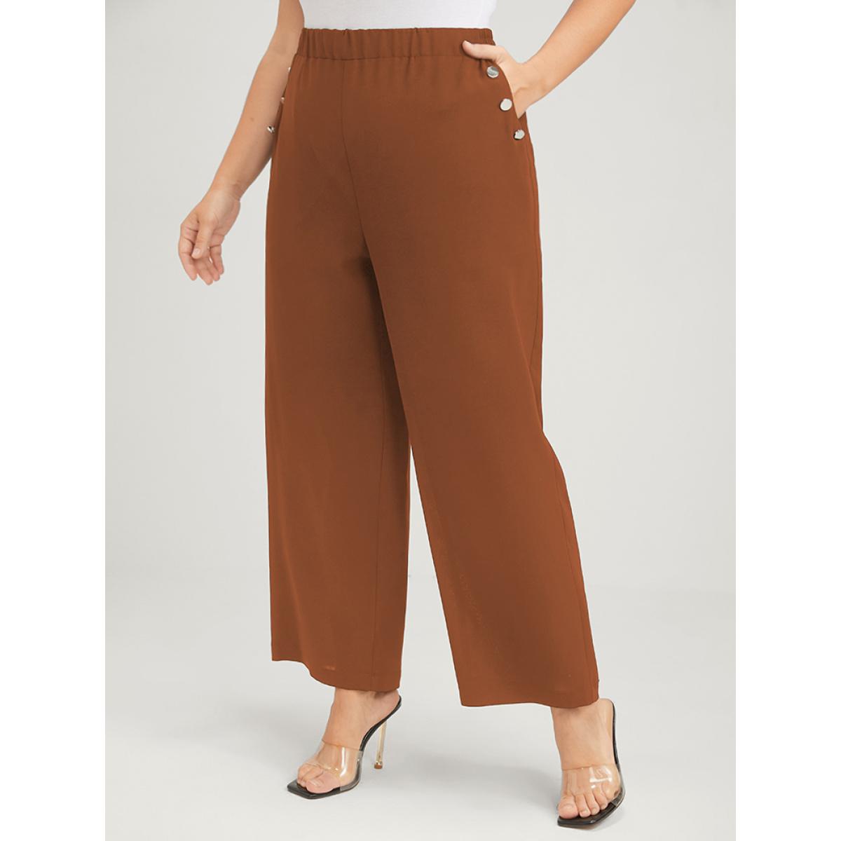Plus Size Solid Pocket Button Detail Elastic Waist Pants Women Chocolate Office High Rise Work Pants BloomChic 22-24/3X Product Image