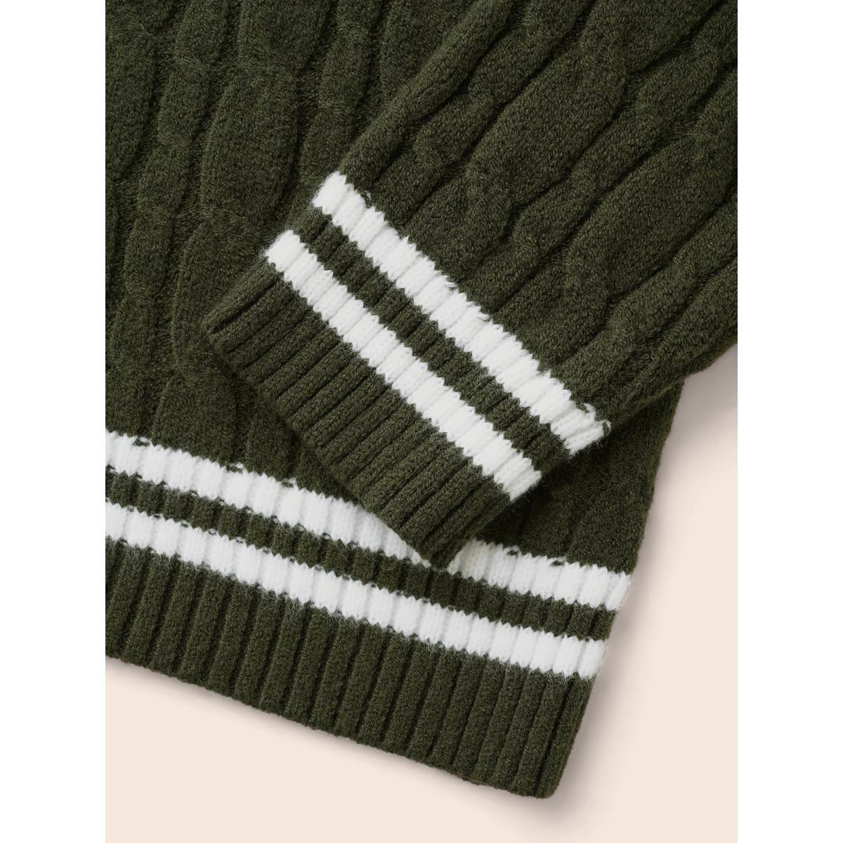 Plus Size Contrast Trim Split Hem Pullover ArmyGreen Women Office Long Sleeve Lapel Collar Office Pullovers BloomChic 28/5X Product Image