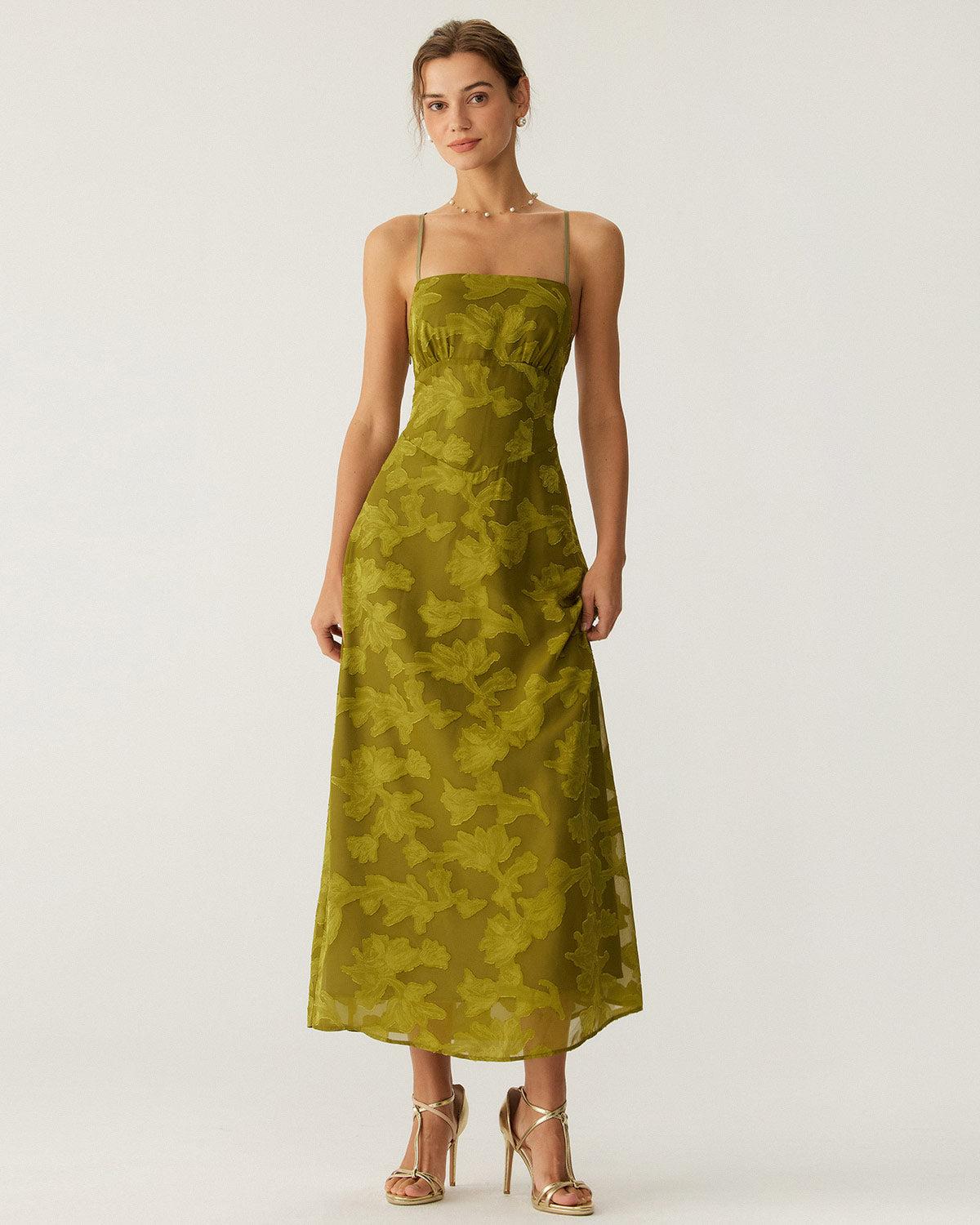 Green Floral Ruched Backless Slip Maxi Dress Product Image
