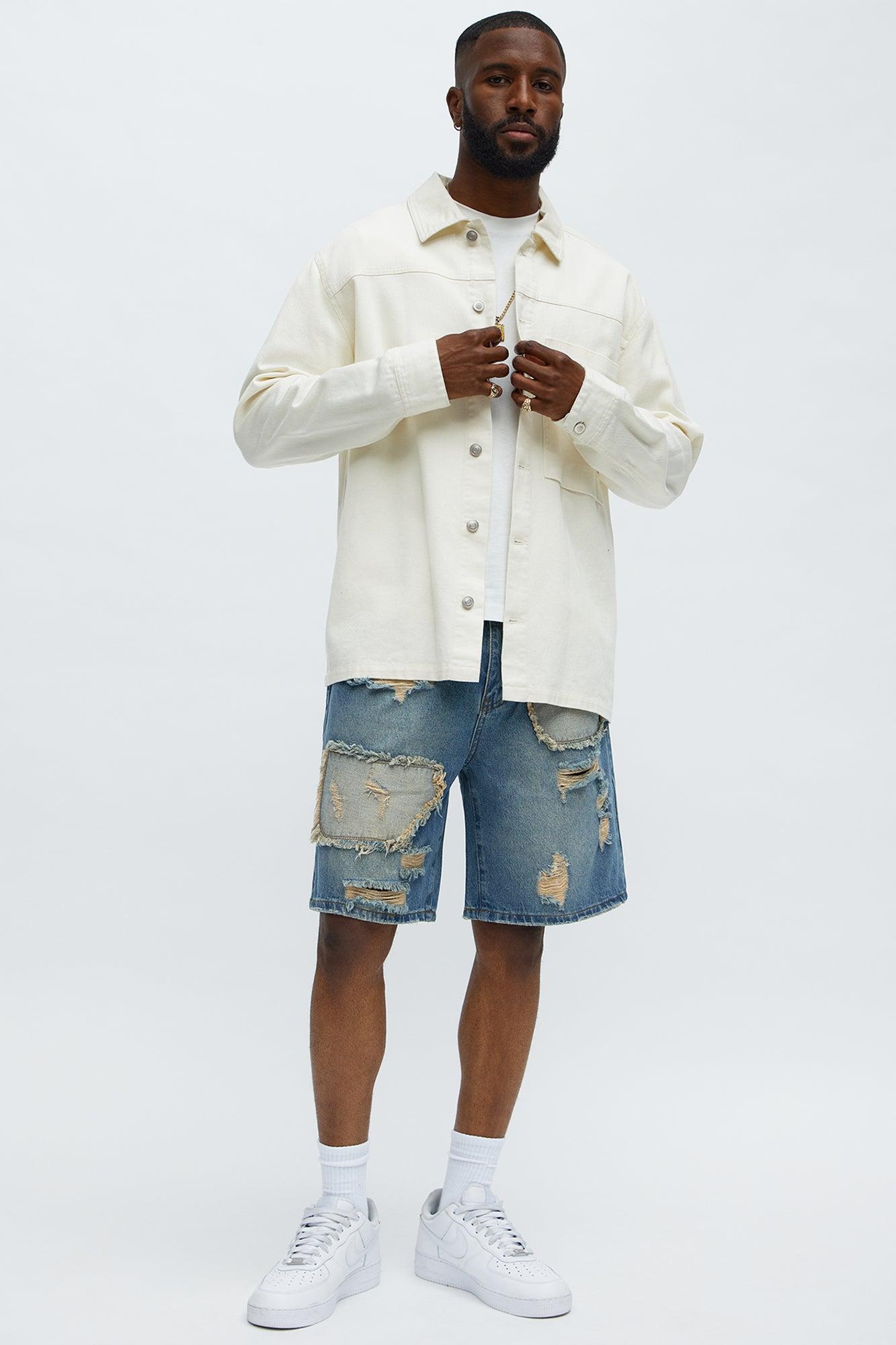 Relaxed Patches With Fray Distressed Denim Shorts - Vintage Blue Wash Male Product Image