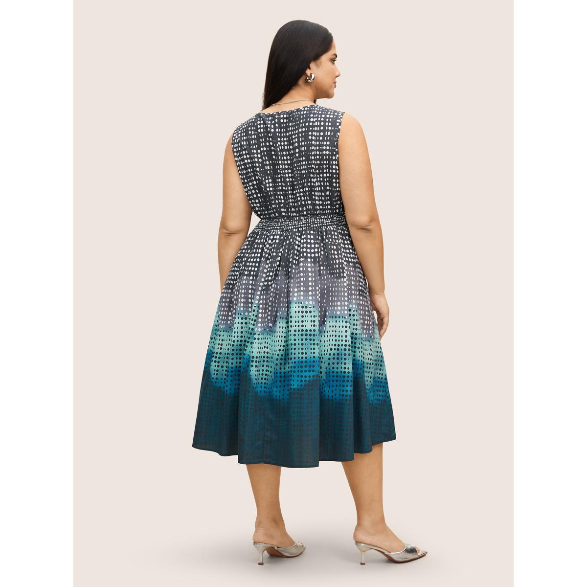 Plus Size Polka Dot Ombre Pleated Pocket Tank Dress Teal Women At the Office Non Round Neck Sleeveless Curvy BloomChic 18-20/2X Product Image