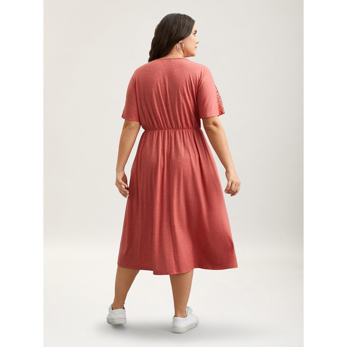 Plus Size V-Neck Sheer Lace Pockets Midi Dress OrangeRed Women Casual Woven ribbon&lace trim V-neck Short sleeve Curvy BloomChic 18-20/2X Product Image