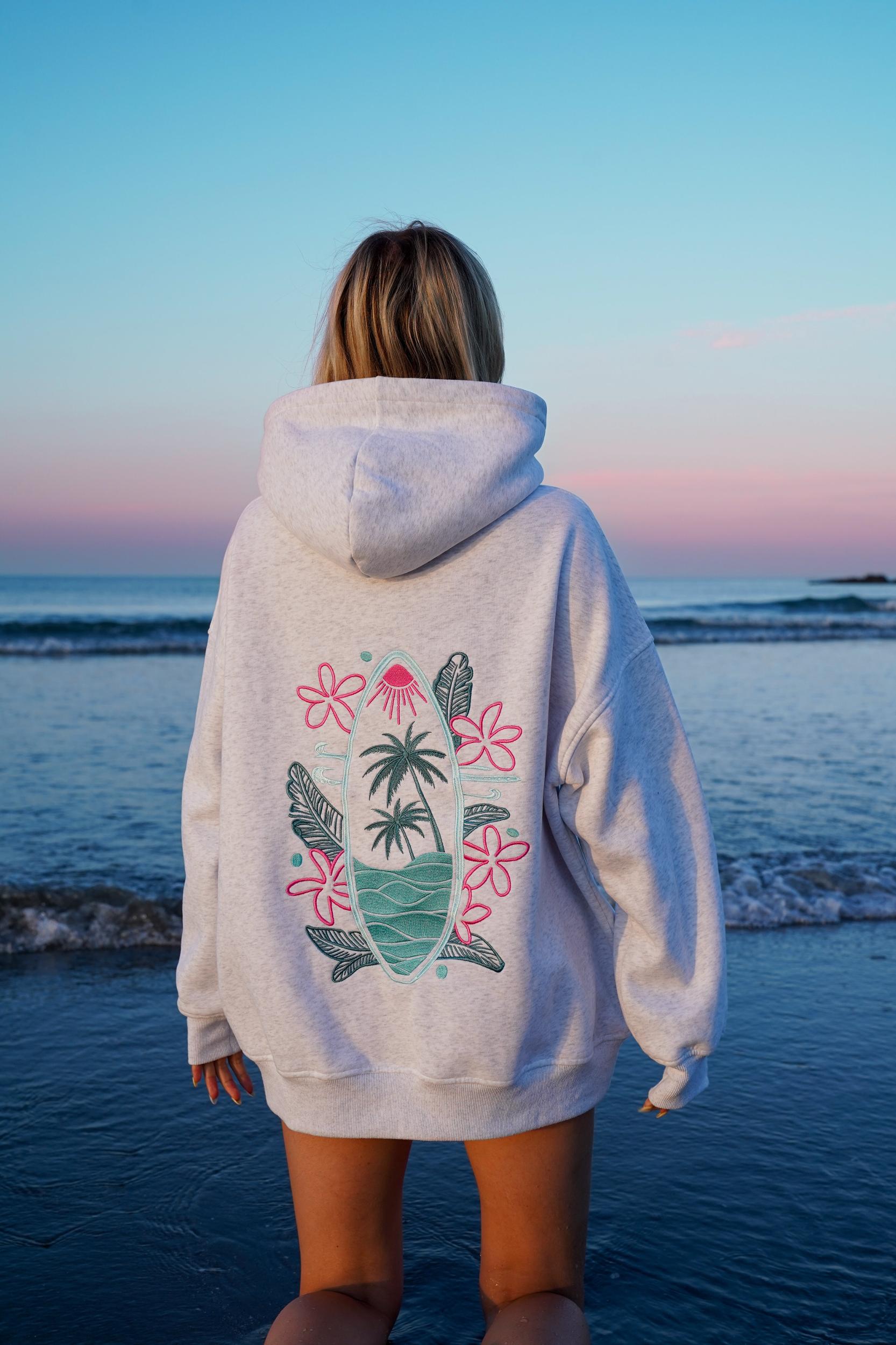 Pearl Grey Surfing The Waves Embroider Hoodie Product Image