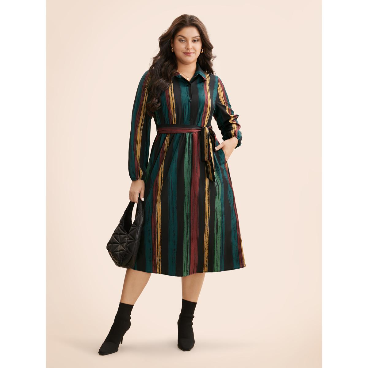 Plus Size Colored Striped Belted Lantern Sleeve Dress Multicolor Women At the Office Belted Knit Dresses Bloomchic 30/6X Product Image