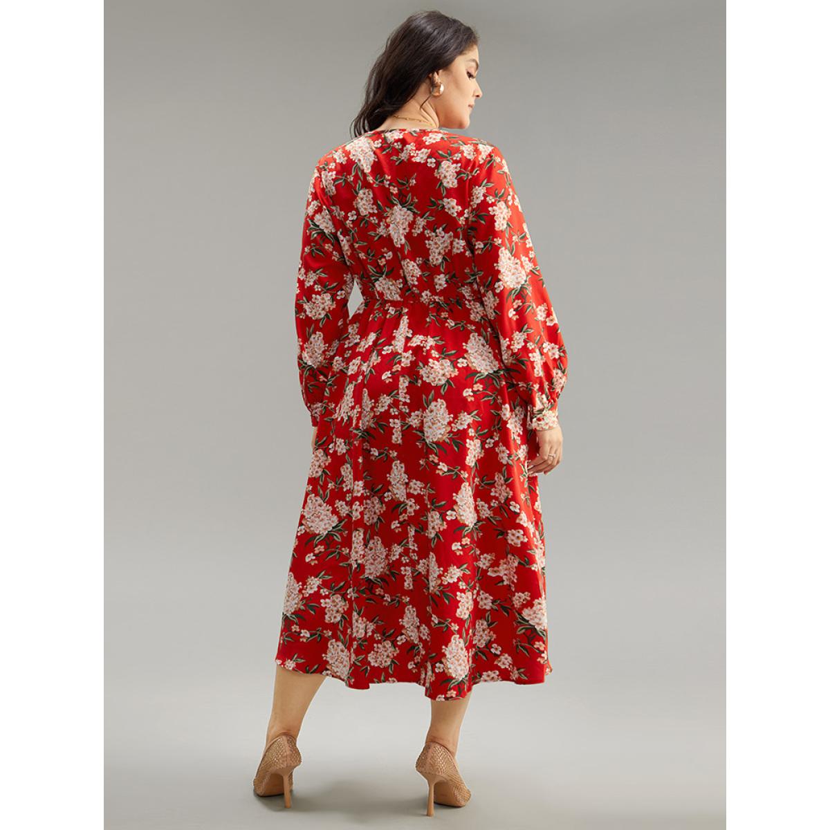 Plus Size Floral Print Ruched Pocket Pleated Dress Red Women Elegant Printed V-neck Long Sleeve Curvy Midi Dress BloomChic 14-16/1X Product Image