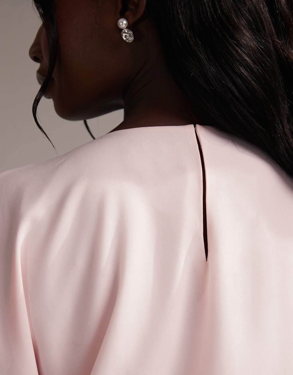 ASOS DESIGN Curve Bridesmaids slash neck crepe t-shirt sleeve minimal drape maxi dress in soft pink Product Image