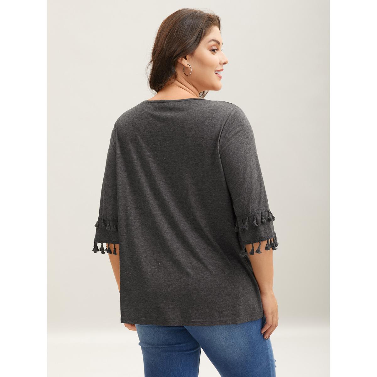 Plus Size Tassel Sleeve V-Neck Plain T-Shirt DimGray Women Casual Tassels V-neck Everyday T-shirts BloomChic 12/L Product Image