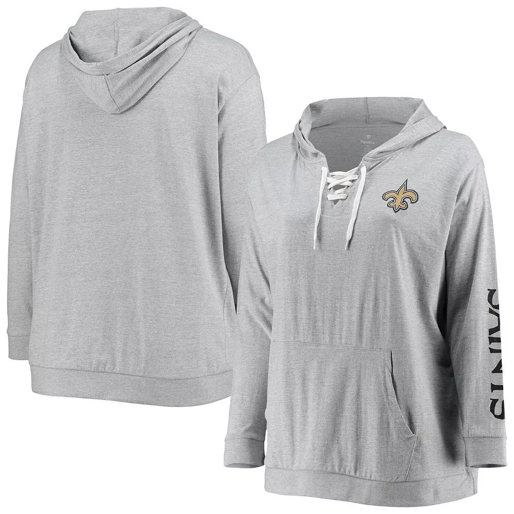 Women's Fanatics Branded Heathered Gray New Orleans Saints Plus Size Lace-Up Pullover Hoodie, Size: 3XL, Grey Product Image
