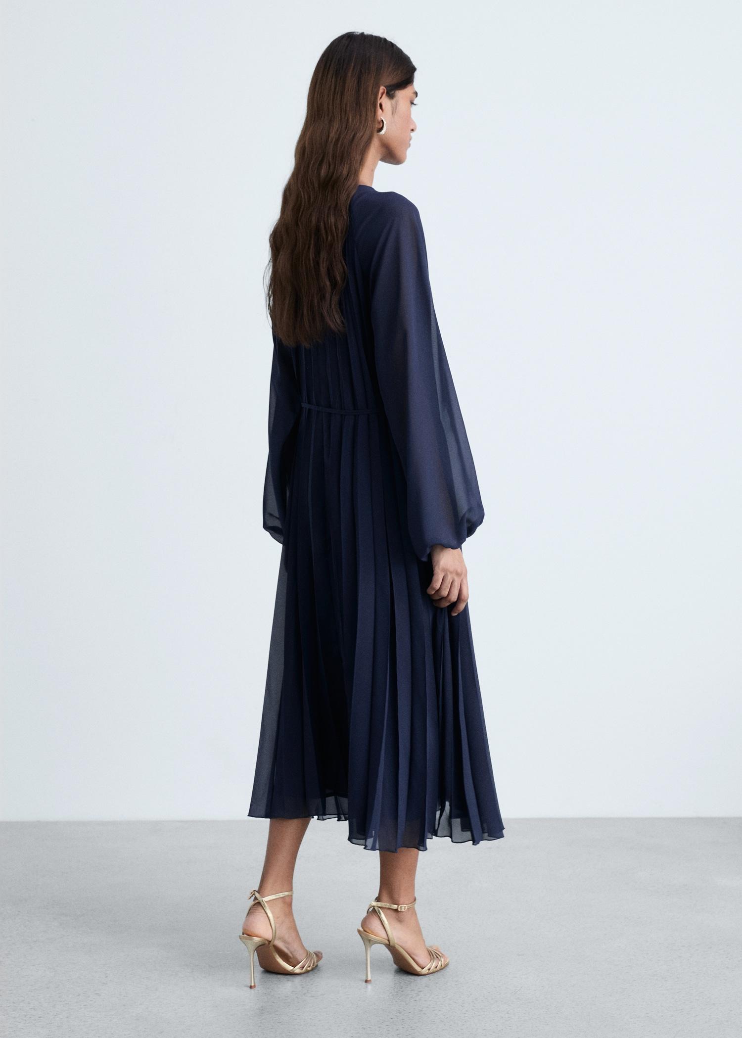 Pleated dress with bow belt - Women | MANGO USA Product Image