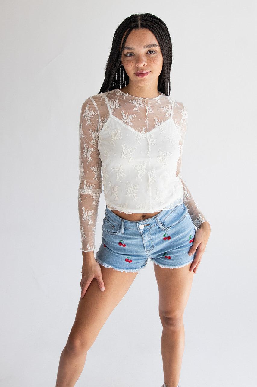 Long Sleeve Mesh Lace Top With Cami Product Image