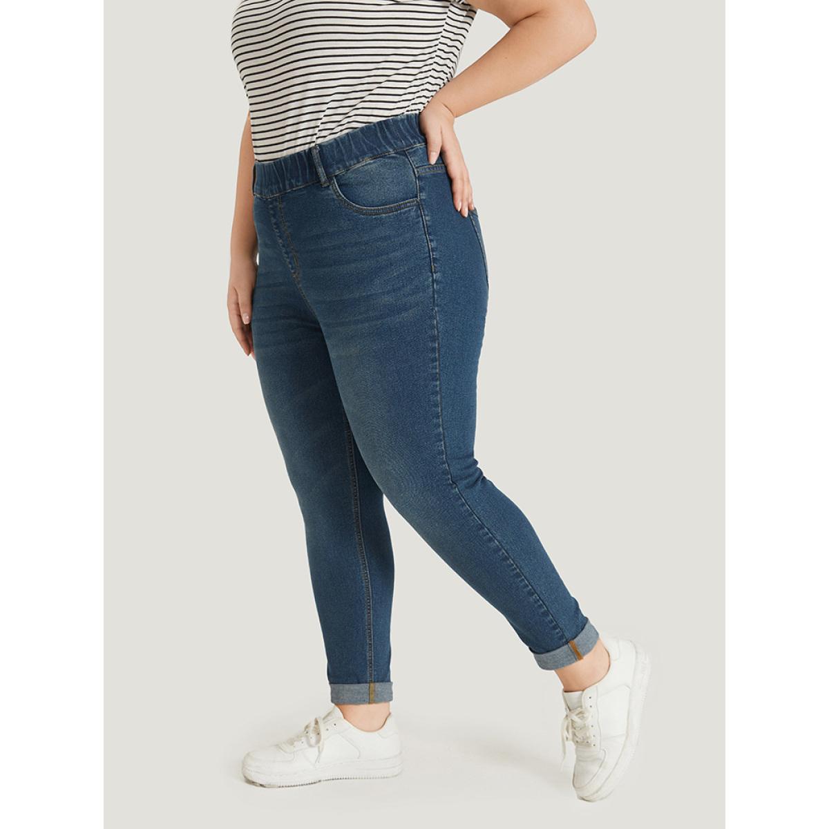 Plus Size Plain Elastic Waist Medium Wash Roll Hem Jeans Women Indigo Casual Plain Plain High stretch Pocket Jeans BloomChic 10/M Product Image