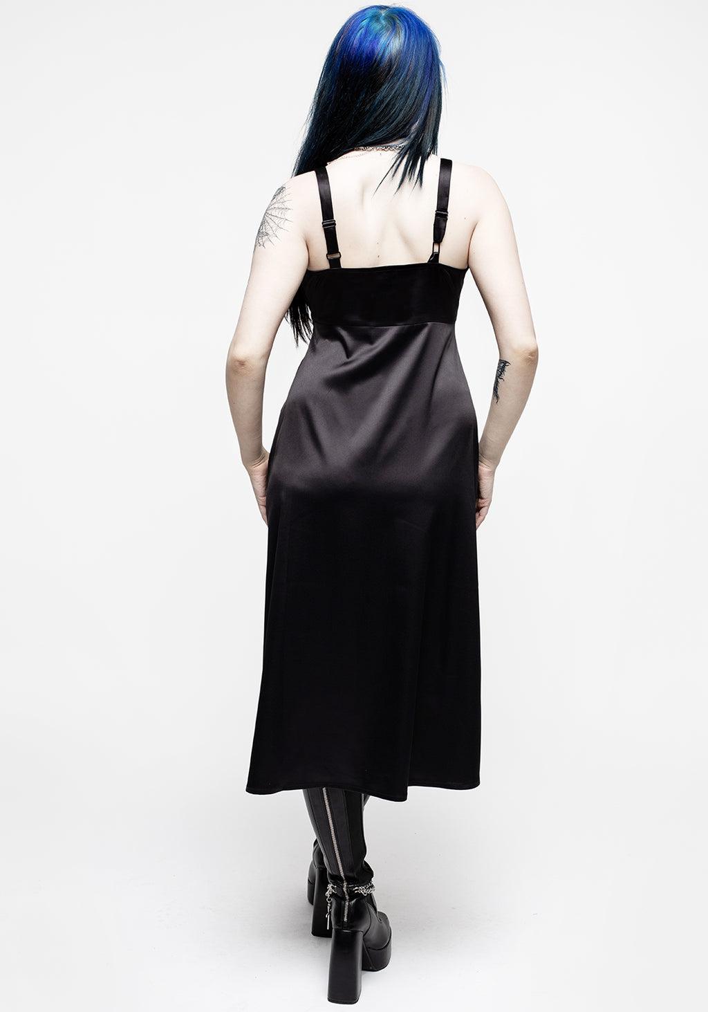 Medeina Lace Trim Satin Midi Slip Dress - Midnight Black Product Image