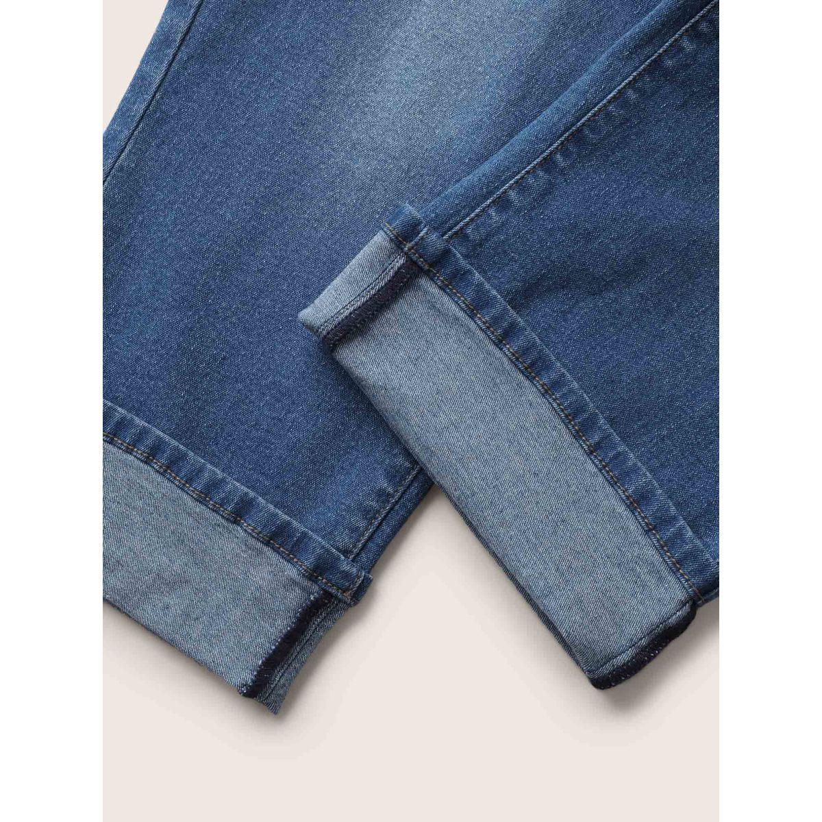 Plus Size Medium Wash Roll Hem Pull On Jegging Jeans Women Denimblue Casual Roll Hem Medium stretch Slanted pocket Jeans BloomChic 14/1X Product Image