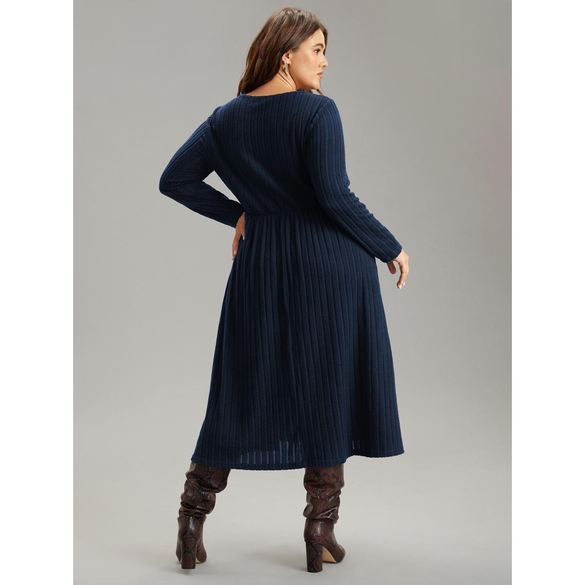 Plus Size Rib Knit Plain Notched Pocket Dress DarkBlue Women Work From Home Rib Knit Notched collar Long Sleeve Curvy Midi Dress BloomChic 18-20/2X Product Image