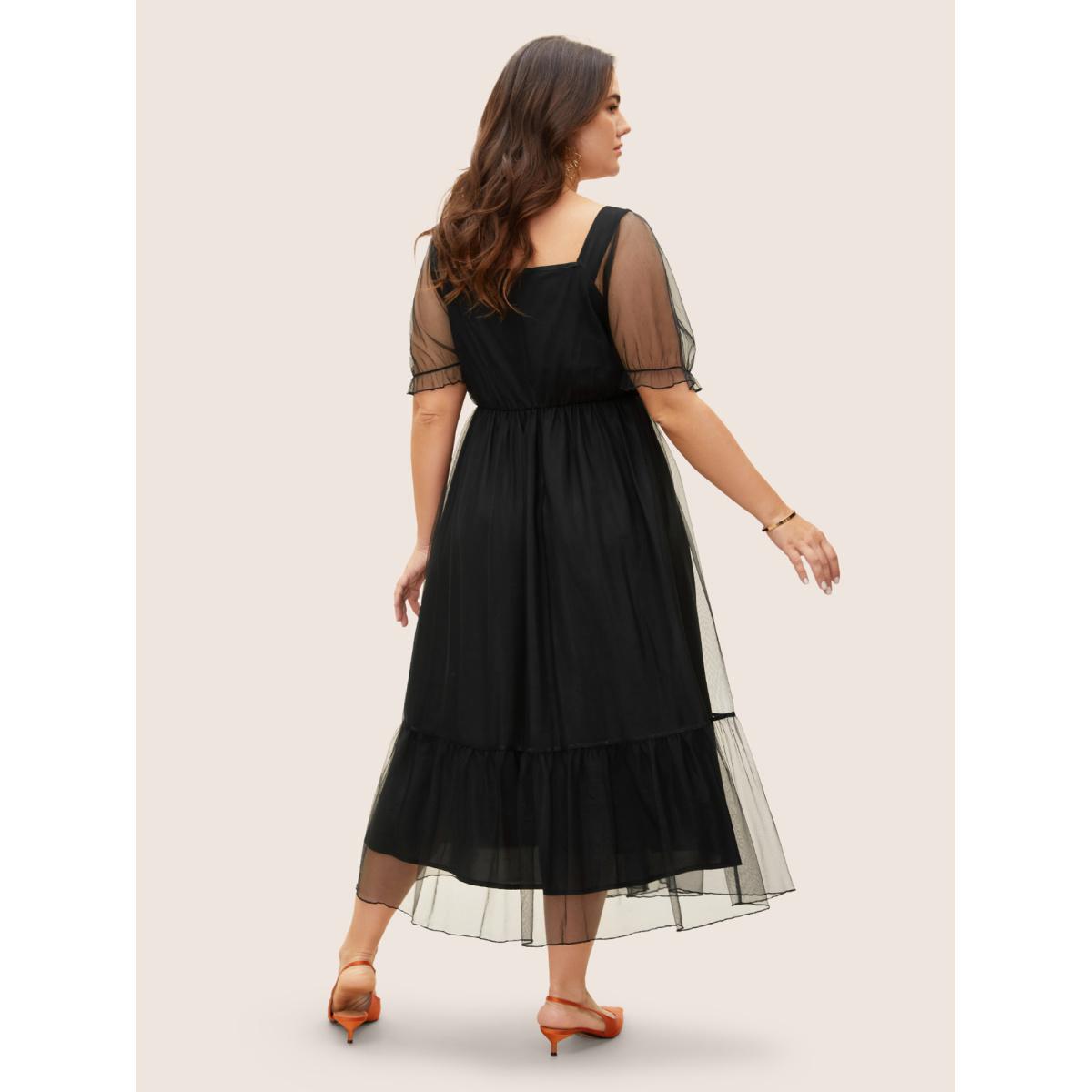 Plus Size Heart Neckline Patchwork Mesh Elastic Waist Dress Black Women Elegant See through Heart neckline Short sleeve Curvy BloomChic 12/L Product Image