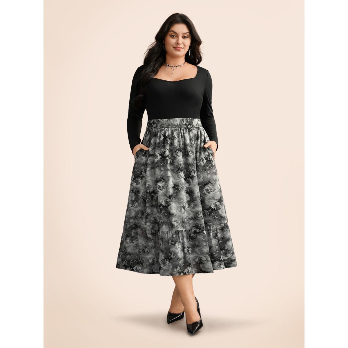 Plus Size Knitted Chiffon Blend Adjustable Waist Midi Dress Black Women Cocktail Patchwork Heart neckline Long Sleeve Curvy BloomChic 10/M Product Image