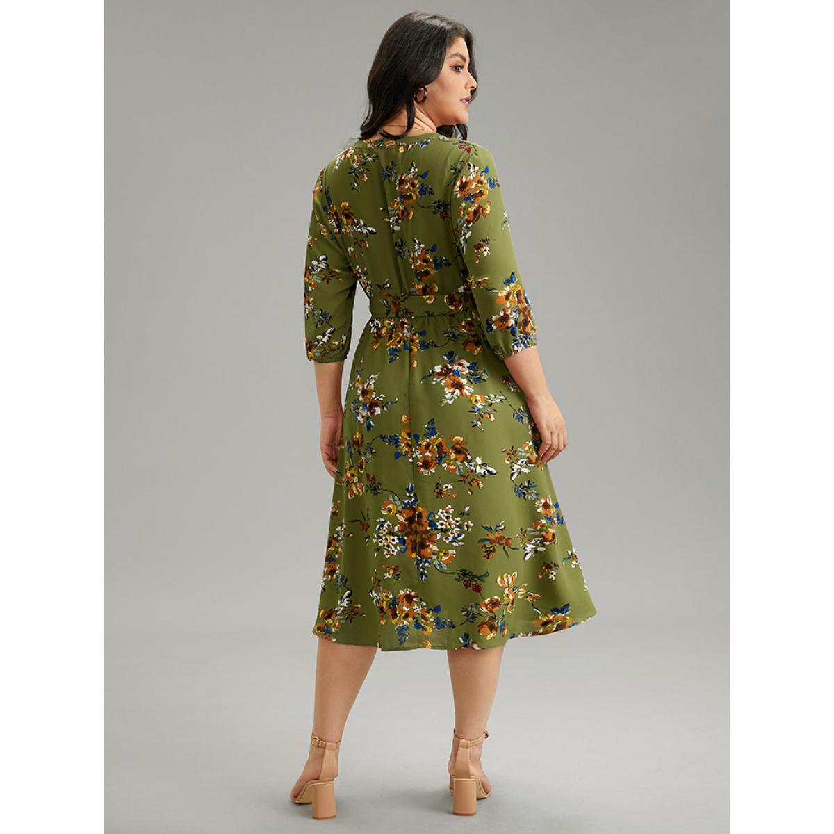 Plus Size Floral Notched Belted Elastic Waist Dress Moss Women Elegant Elastic cuffs Notched collar Elbow-length sleeve Curvy Midi Dress BloomChic 18-20/2X Product Image