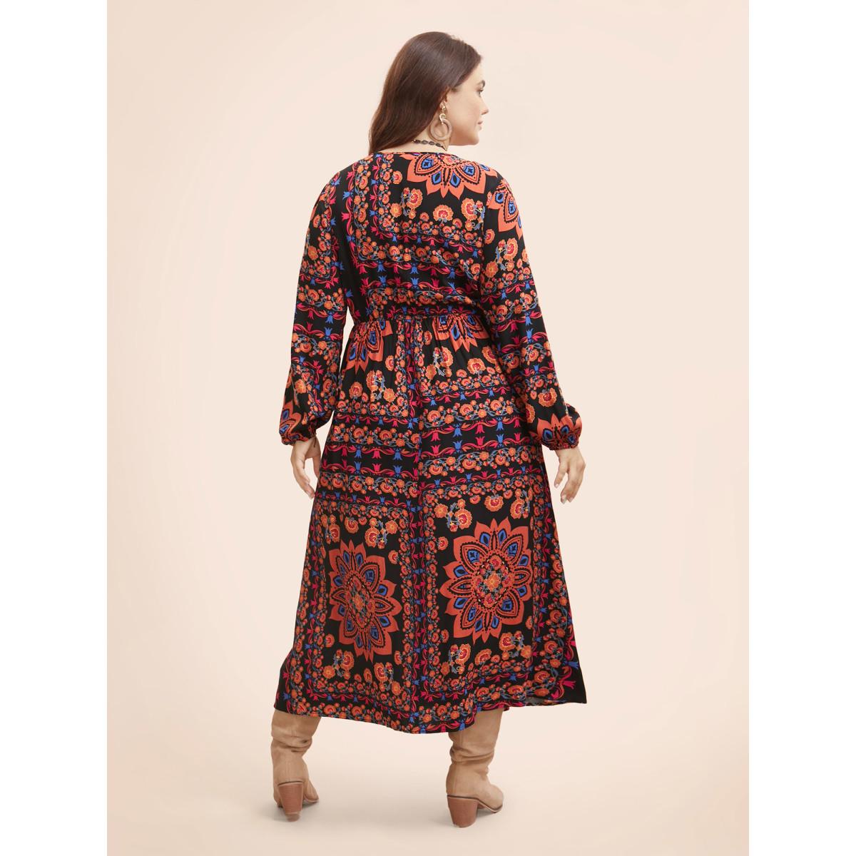 Plus Size Bandana Lantern Sleeve Midi Dress Black Women Resort Gathered V-neck Long Sleeve Curvy BloomChic 28/5X Product Image