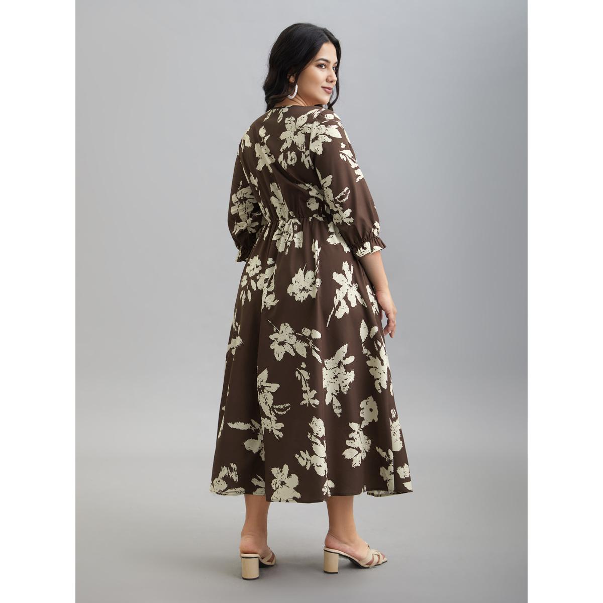 Plus Size Leaf Print Square Neck Ruffled Shirred Midi Dress Browncoffeecolor Women Elegant Shirred Square Neck Elbow-length sleeve Curvy BloomChic 14-16/1X Product Image
