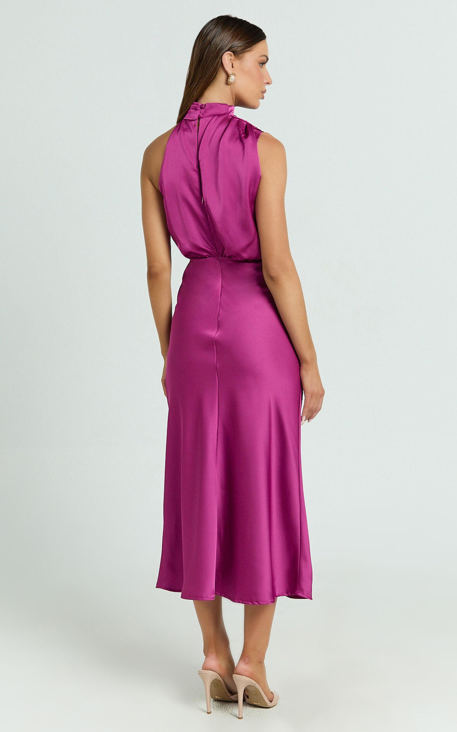 Minnie Midi Dress - Drape Neck Satin Slip Dress in Purple Product Image