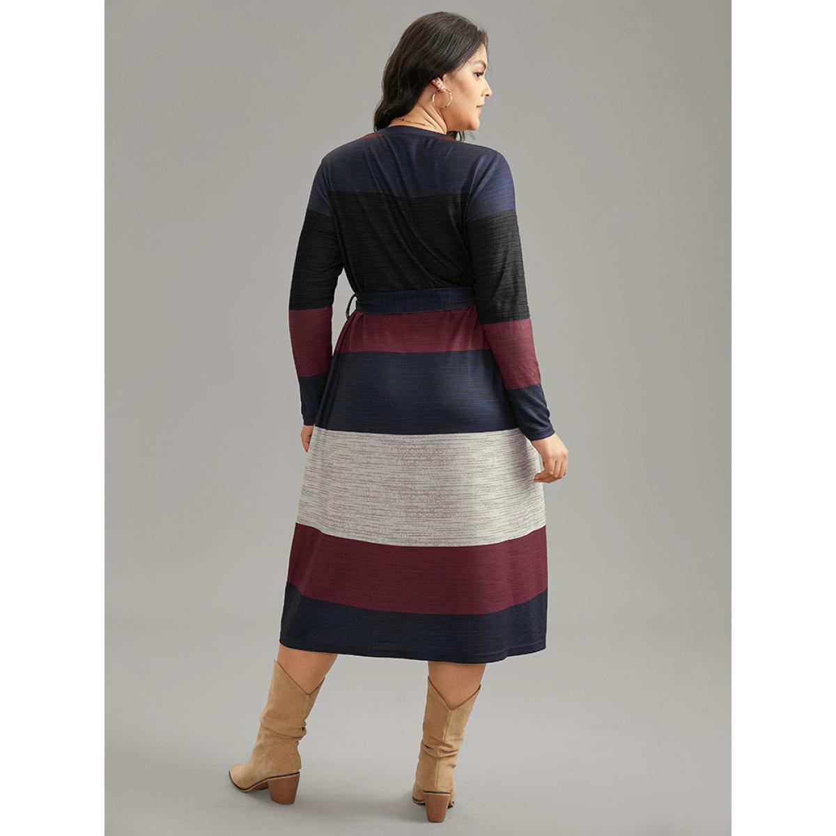 Plus Size Colorblock Contrast Heather Belted Dress DarkBlue Women Casual Non Round Neck Long Sleeve Curvy Midi Dress BloomChic 14-16/1X Product Image