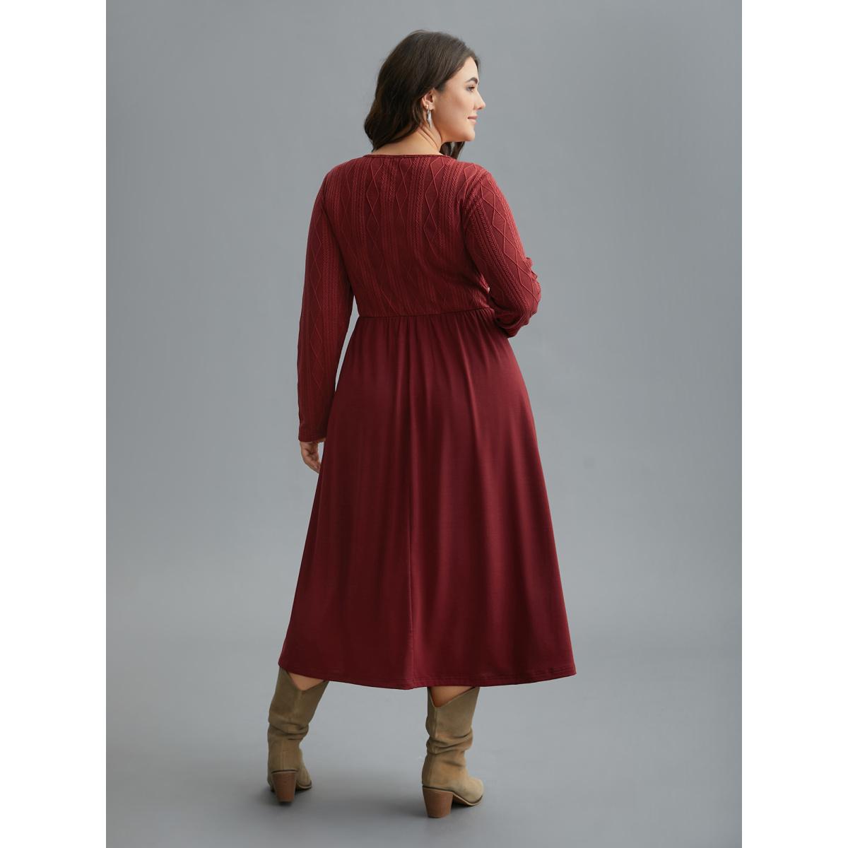 Plus Size Cable Knit Round Neck Elastic Waist Midi Dress Burgundy Women Casual Texture Knit Dresses Bloomchic 10/M Product Image