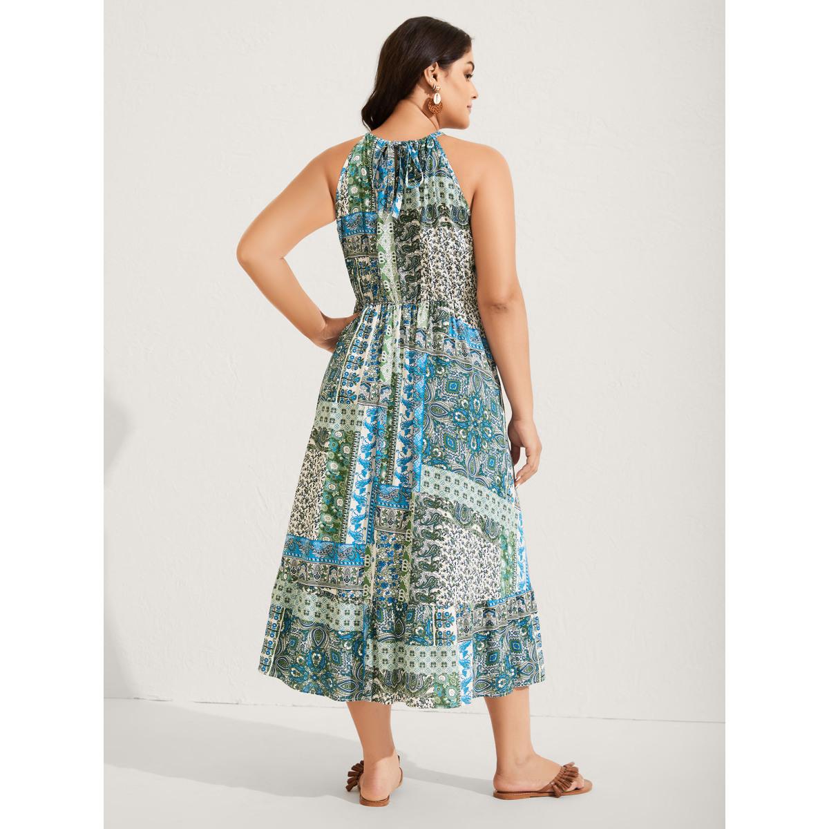 Plus Size Boho Print Halter Neck Pockets Midi Dress Multicolor Women Tie knot Round Neck Sleeveless Curvy BloomChic 14-16/1X Product Image