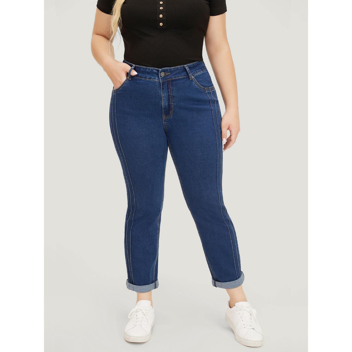 Plus Size Very Stretchy High Rise Medium Wash Pleated Detail Jeans Women DarkBlue Casual Plain Roll Hem High stretch Pocket Jeans BloomChic 28/5X Product Image