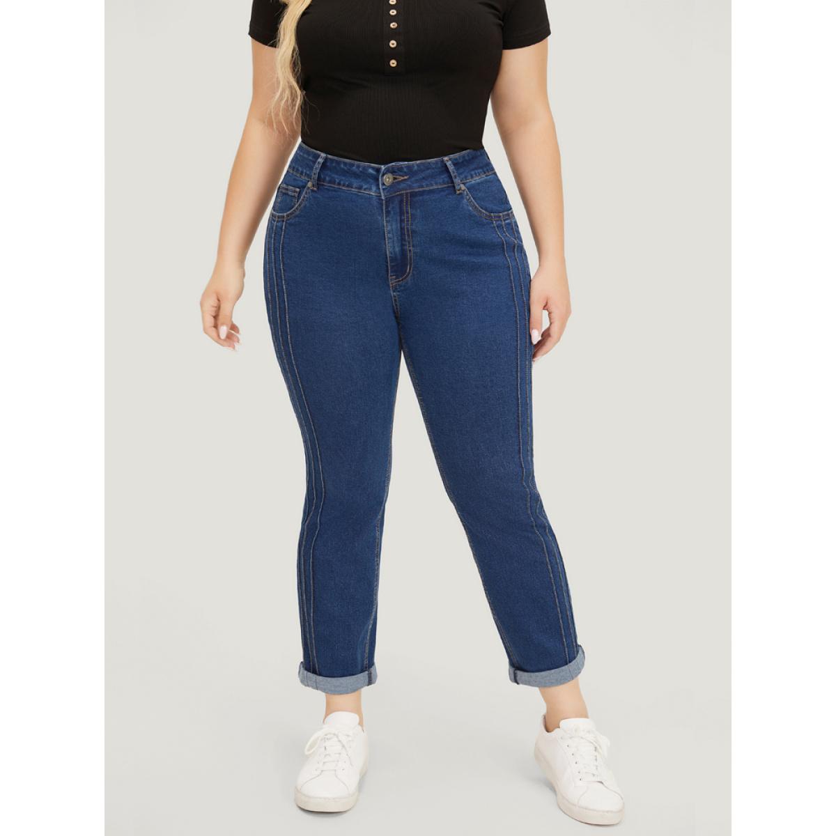 Plus Size Very Stretchy High Rise Medium Wash Pleated Detail Jeans Women DarkBlue Casual Plain Roll Hem High stretch Pocket Jeans BloomChic 28/5X Product Image