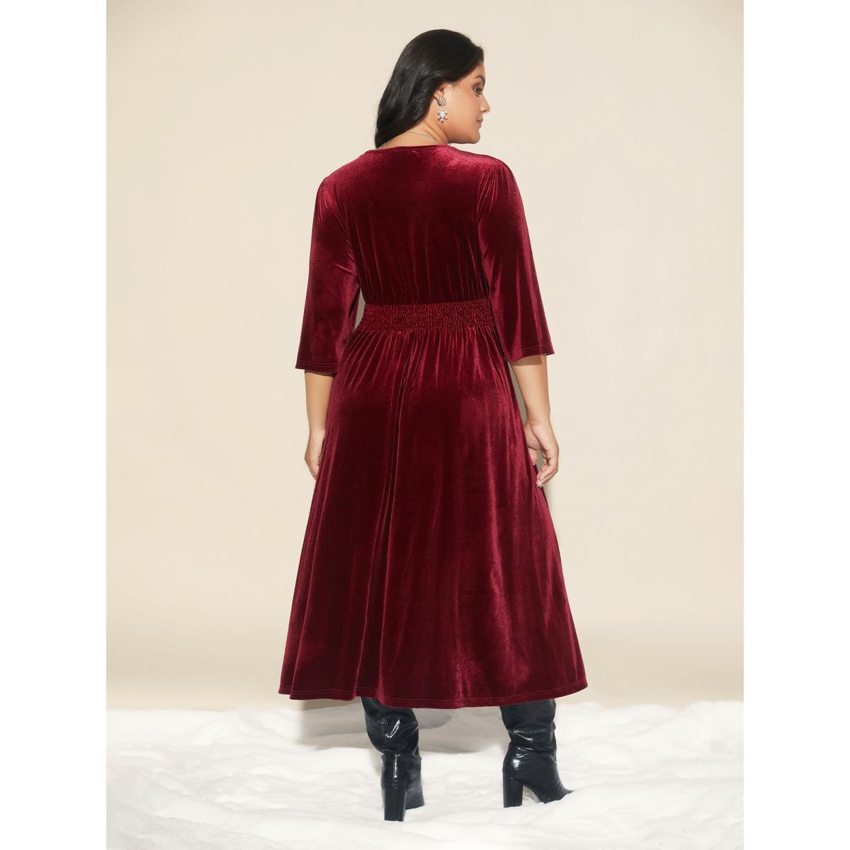 Plus Size Velvet Ruched Surplice Neckline Midi Dress Burgundy Women Formal Texture Party Curvy Bloomchic 14-16/1X Product Image