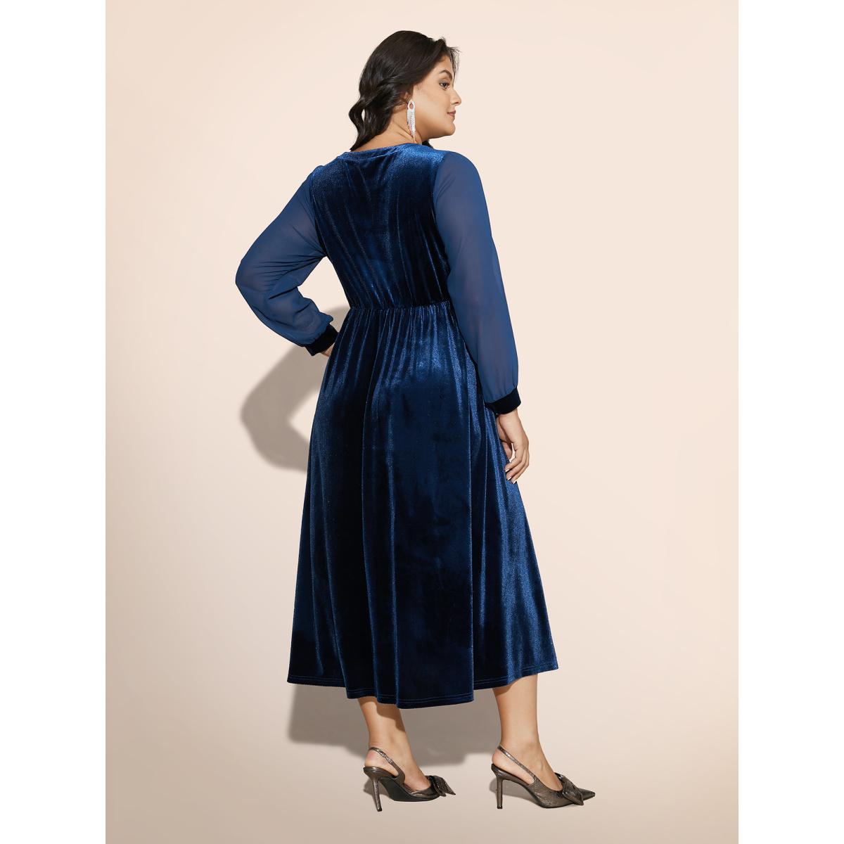 Plus Size Velvet Patchwork Chiffon Keyhole Midi Dress Indigo Women Cocktail Texture Party Curvy Bloomchic 26/4X Product Image