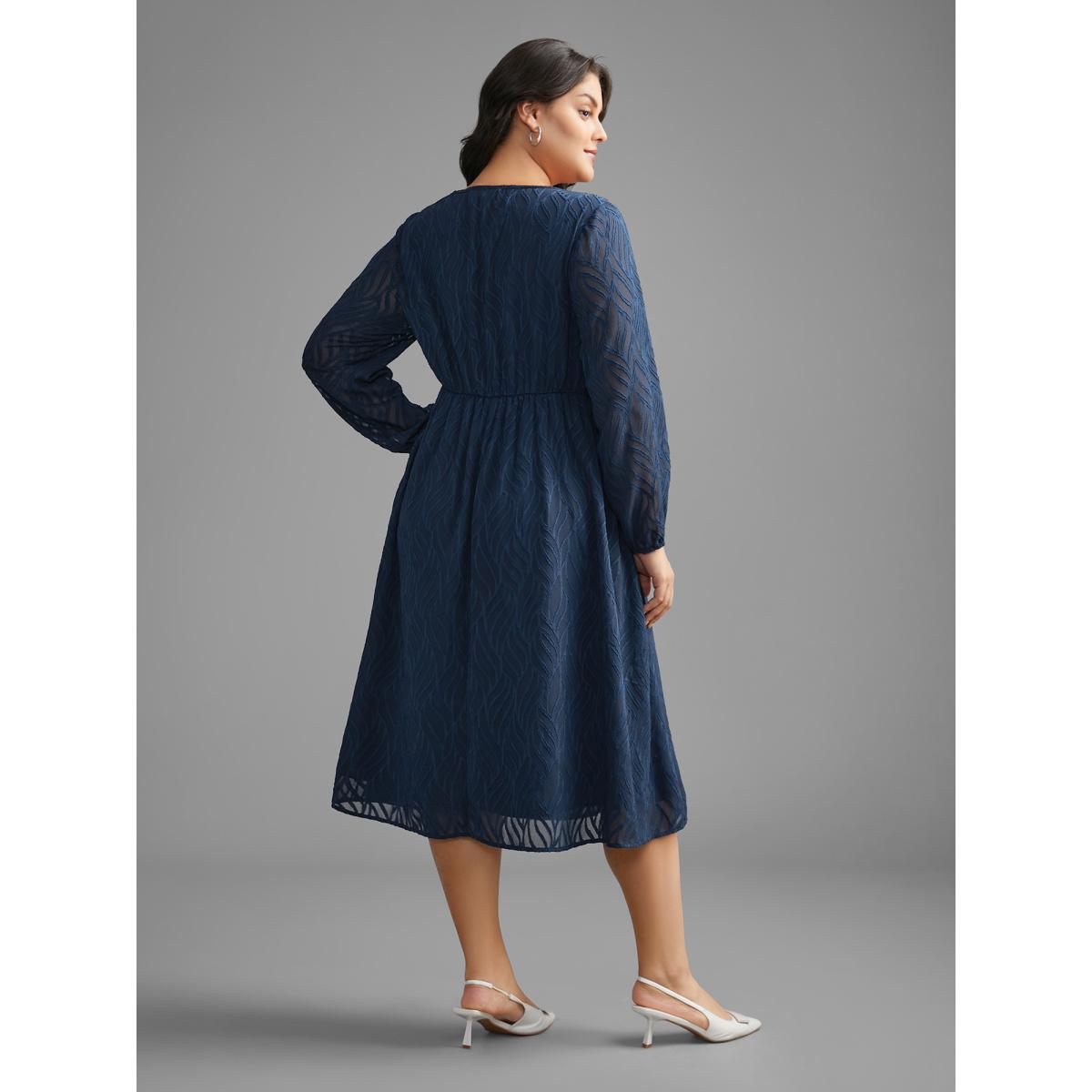 Plus Size Textured Chiffon Lantern Sleeve Midi Dress DarkBlue Women At the Office Texture Round Neck Long Sleeve Curvy BloomChic 30/6X Product Image