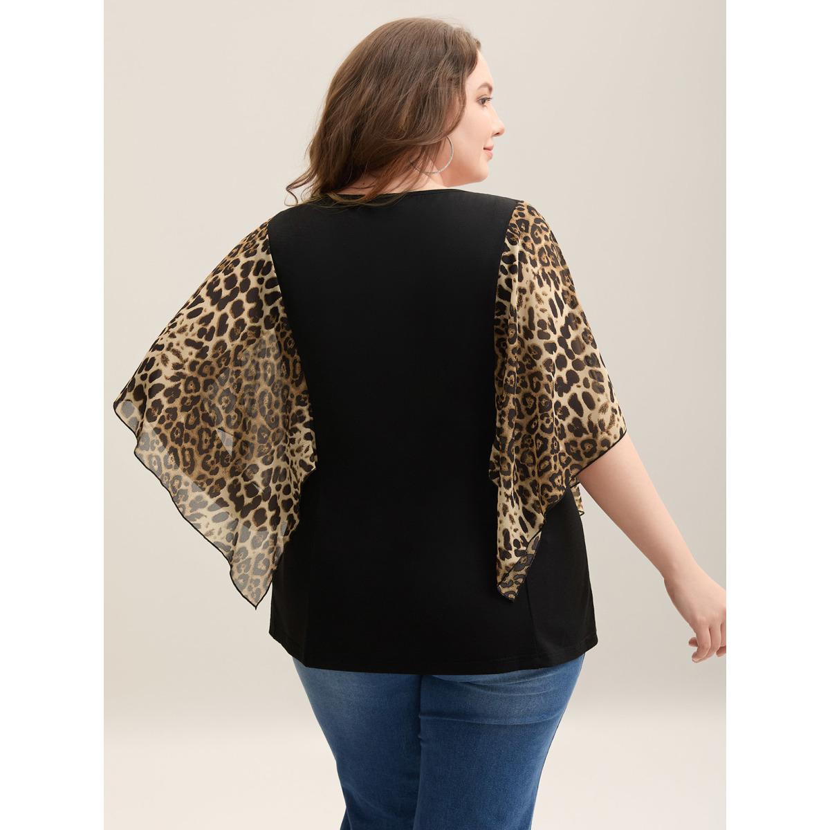Plus Size Leopard Spliced Tied Flared Sleeve T-Shirt Black Women Casual Contrast V-neck Everyday T-shirts BloomChic 30/6X Product Image