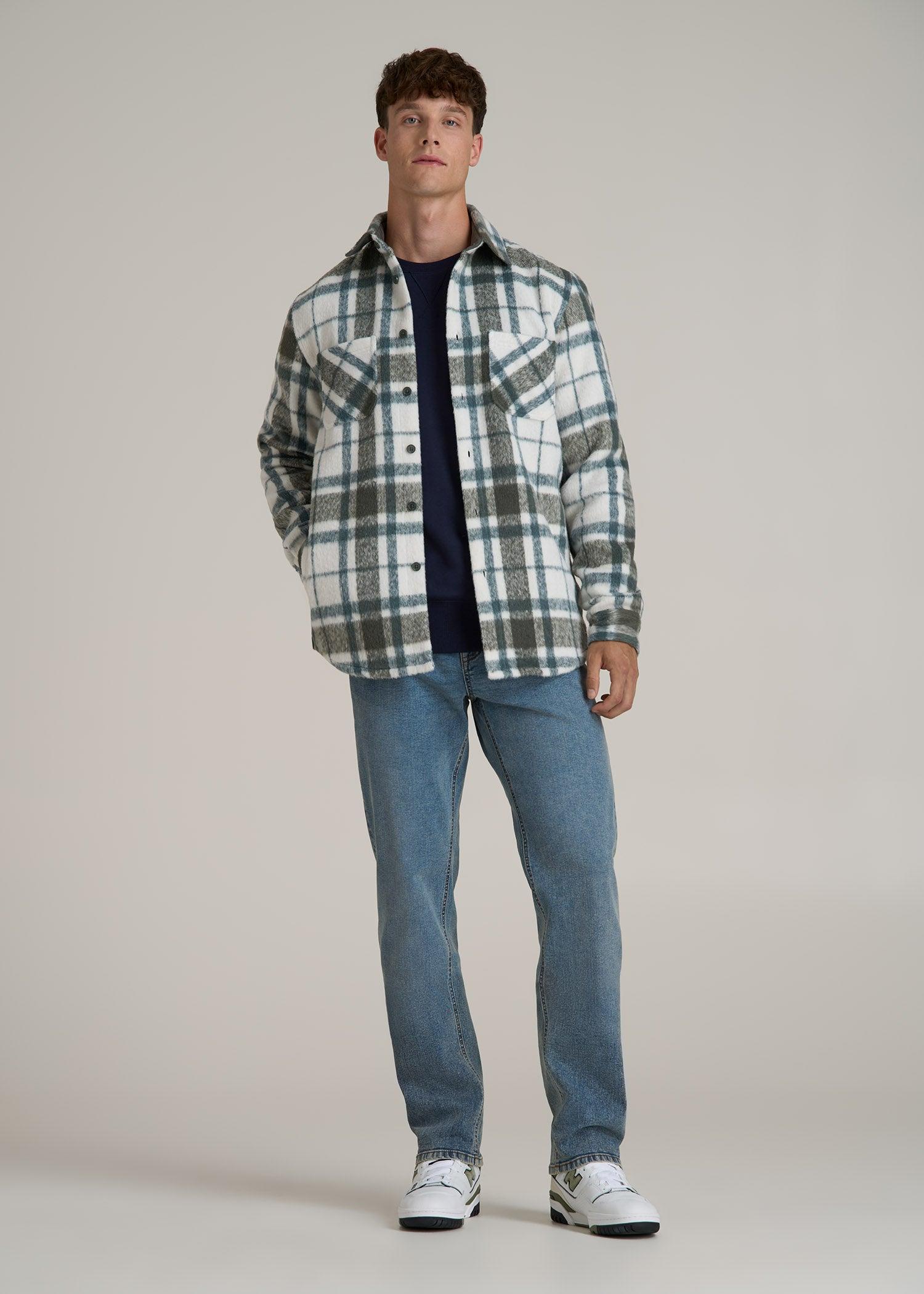 Brushed Flannel Overshirt for Tall Men in Ecru and Green Plaid Male Product Image