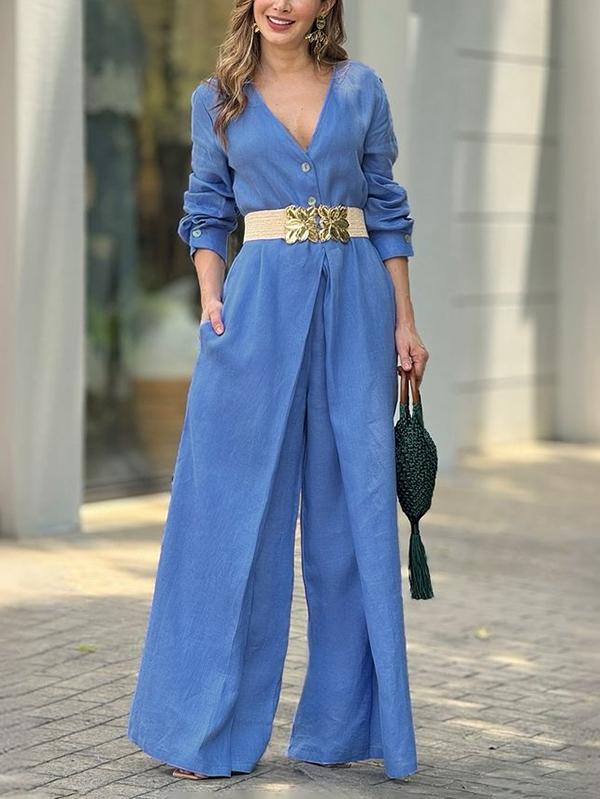 High Waisted Long Sleeves Buttoned Pockets Solid Color V-Neck Jumpsuits Product Image
