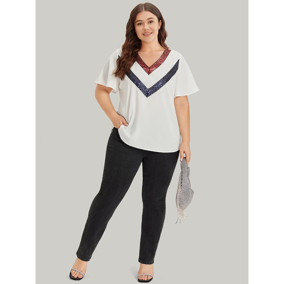 Plus Size White Contrast Webbing V Neck Ruffle Sleeve Blouse Women Party Short sleeve V-neck Going out Blouses BloomChic 18-20/2X Product Image