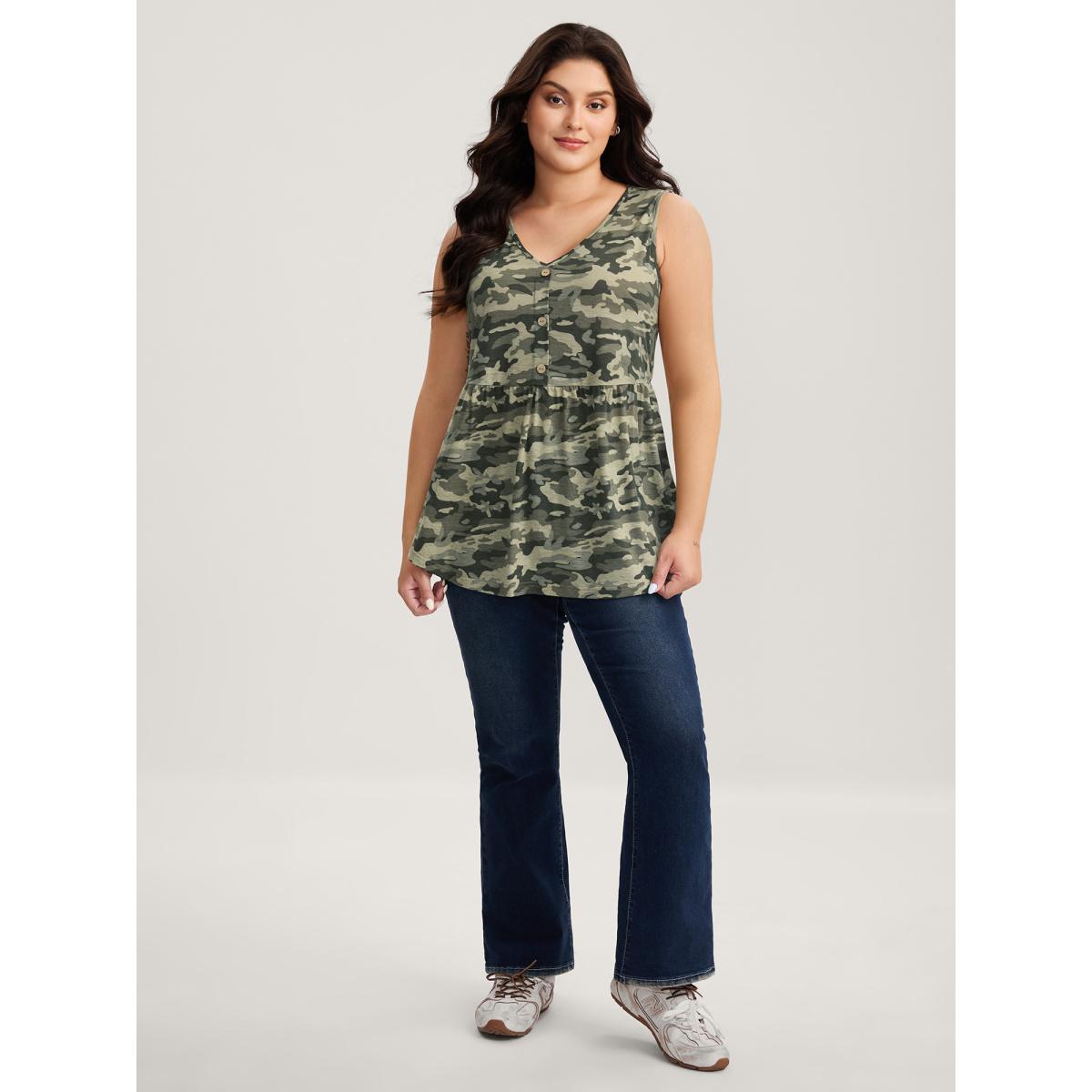 Plus Size Camouflage Print Cinched-Waist Tank Top Women Multicolor Leisure Gathered V-neck Casual Tank Tops Camis BloomChic 10/M Product Image
