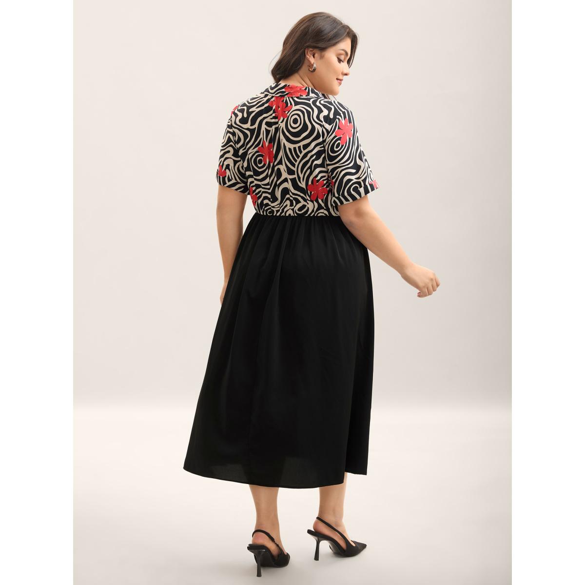 Plus Size Ribbon Collar Floral Print Contrast Midi Dress Black Women V-neck Short sleeve Curvy BloomChic 12/L Product Image