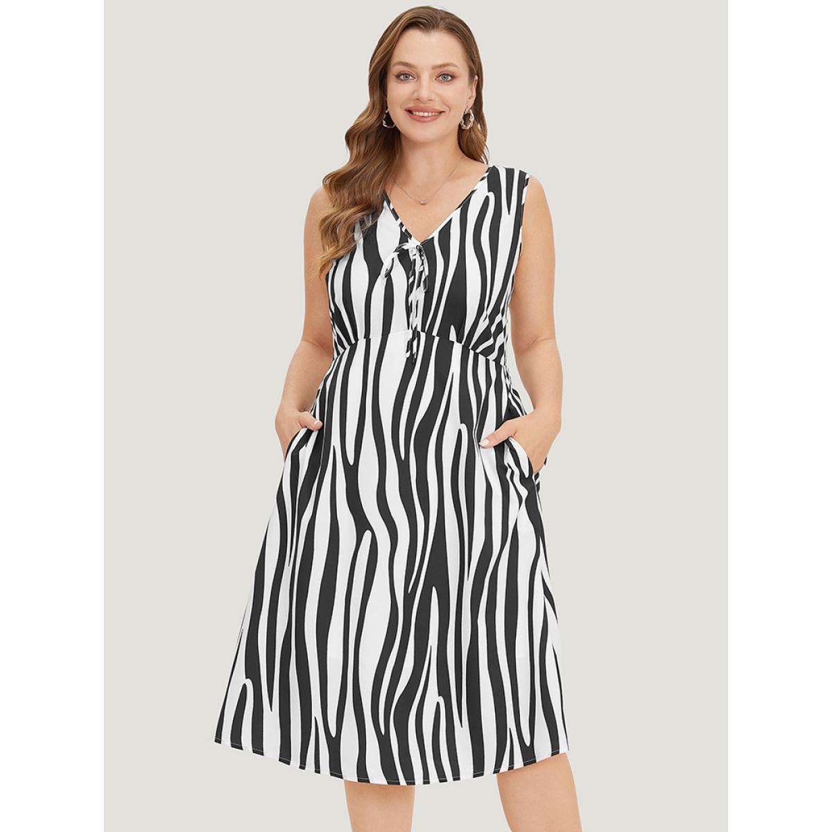 Plus Size Zebra Print Ruffle Sleeveless Pocket Knot Neck Dress Black Women Elegant V-neck Sleeveless Curvy Knee Dress BloomChic 12/L Product Image