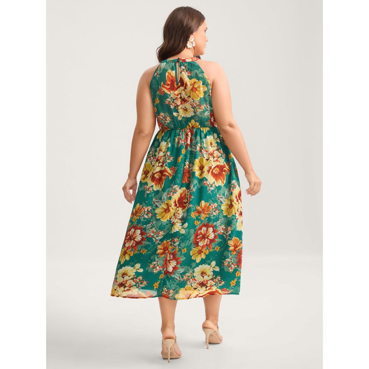 Plus Size Large Floral Print Stretchy-Waist Midi Dress Emerald Women Halter neck Sleeveless Curvy BloomChic 26/4X Product Image