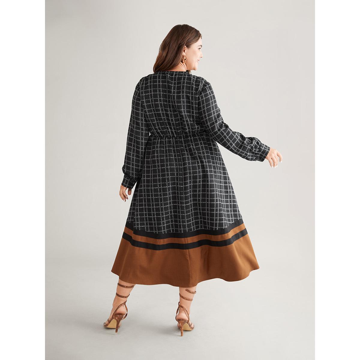Plus Size Gingham Gingham Patchwork Pocket Gathered Dress Black Women Office Contrast V-neck Long Sleeve Curvy Midi Dress BloomChic 14-16/1X Product Image