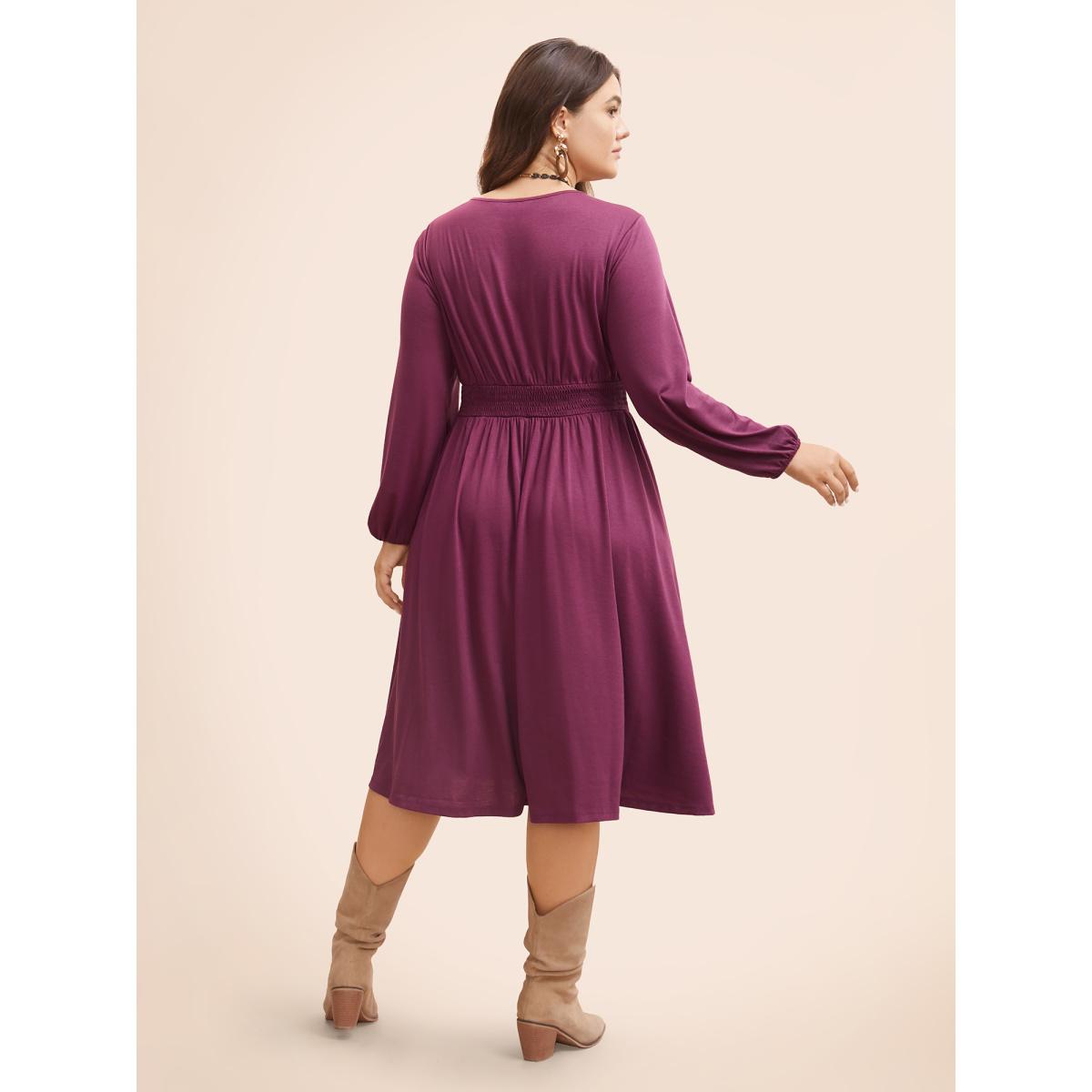 Plus Size V Neck Contrast Webbing Midi Dress RedViolet Women Resort Woven ribbon&lace trim V-neck Long Sleeve Curvy BloomChic 28/5X Product Image
