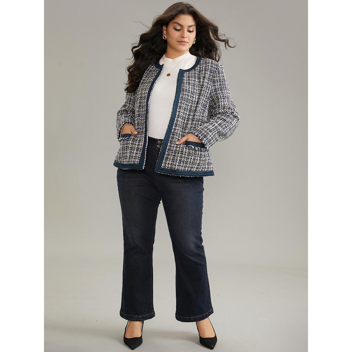Plus Size Tweed Patchwork Contrast Pocket Jacket Women Indigo Texture Pocket Work Jackets BloomChic 30/6X Product Image