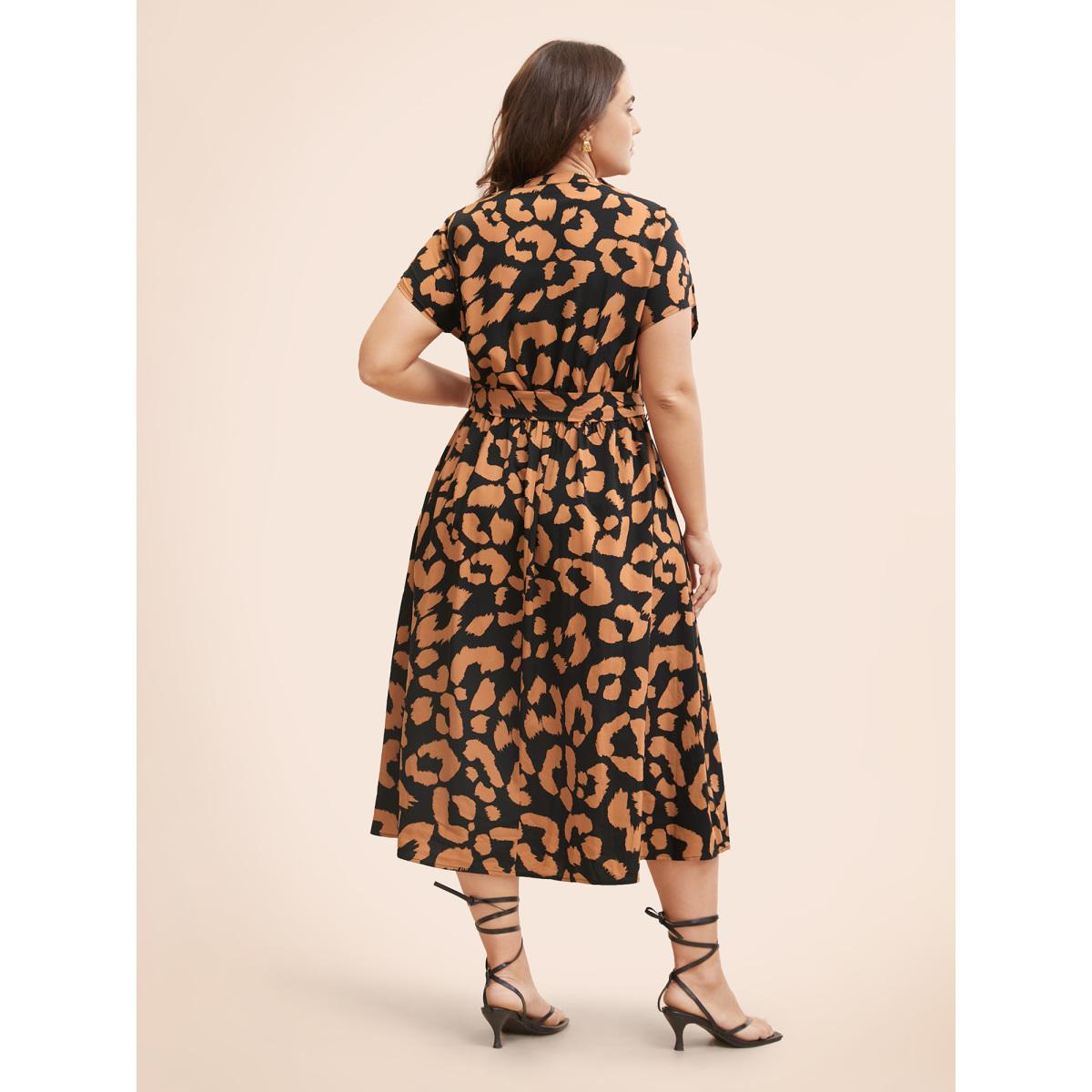 Plus Size Leopard Print Notched Button Detail Dress Bronze Women Elegant Belted Flat collar with V-notch Short sleeve Curvy BloomChic 28/5X Product Image