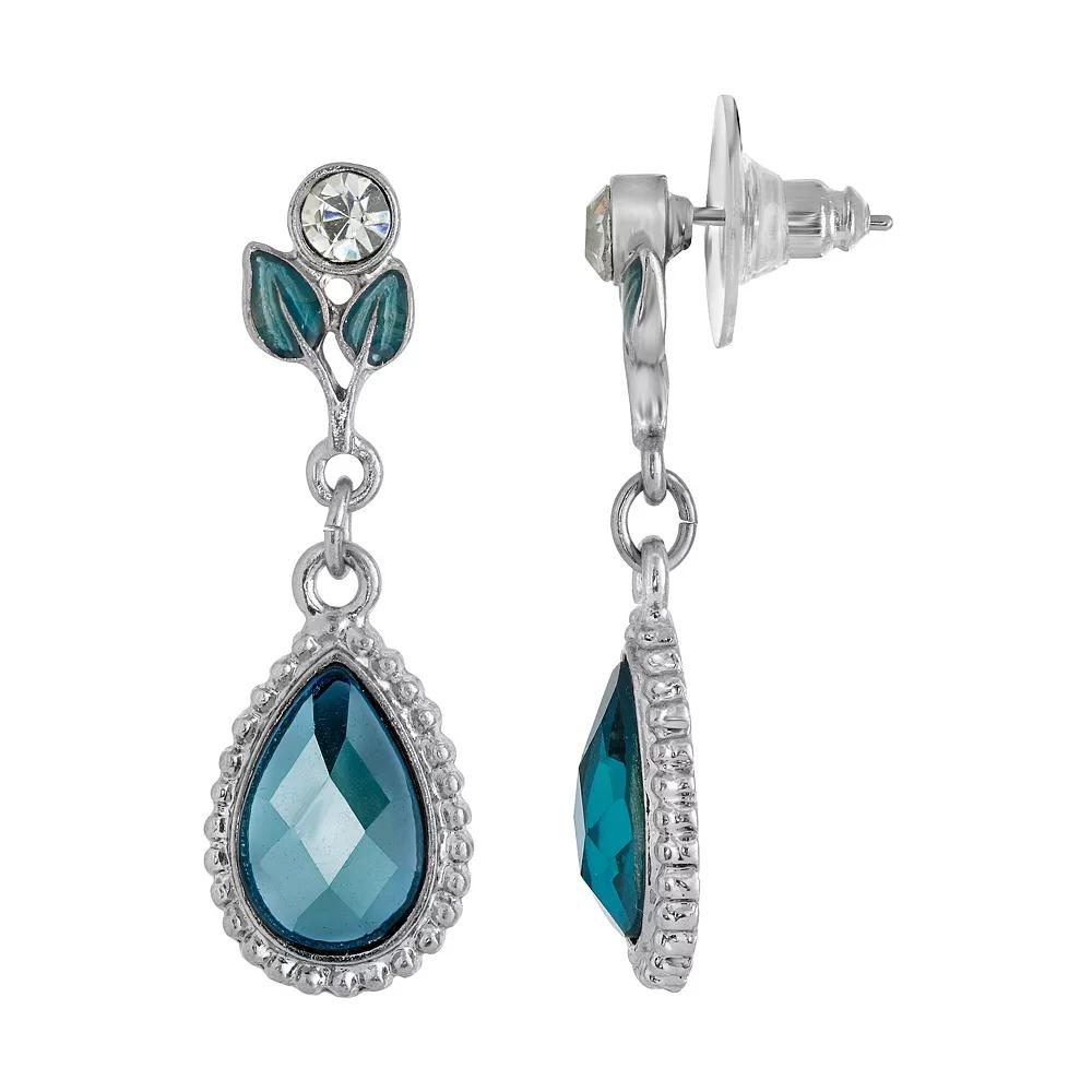 1928 Silver Tone Blue Leaf Teardrop Earrings, Women's Product Image