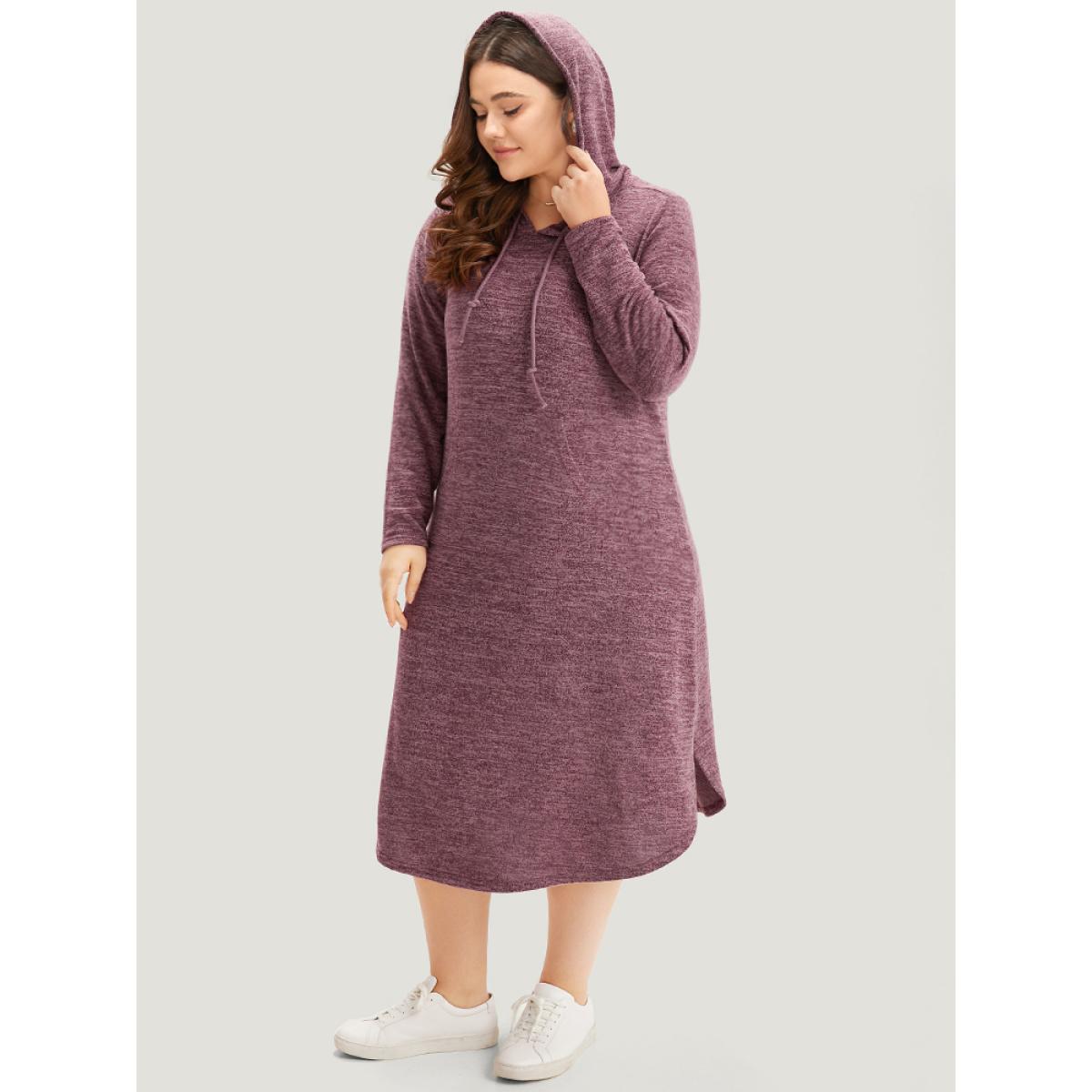 Plus Size Plain Heather Pocket Split Hem Hooded Dress Burgundy Women Casual Plain Hooded Long Sleeve Curvy Midi Dress BloomChic 14-16/1X Product Image