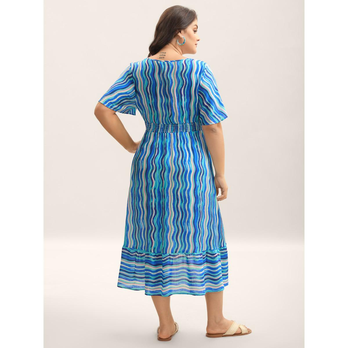 Plus Size Nautical Waves Shirred Waist Midi Dress Cerulean Women V-neck Short sleeve Curvy BloomChic 30/6X Product Image