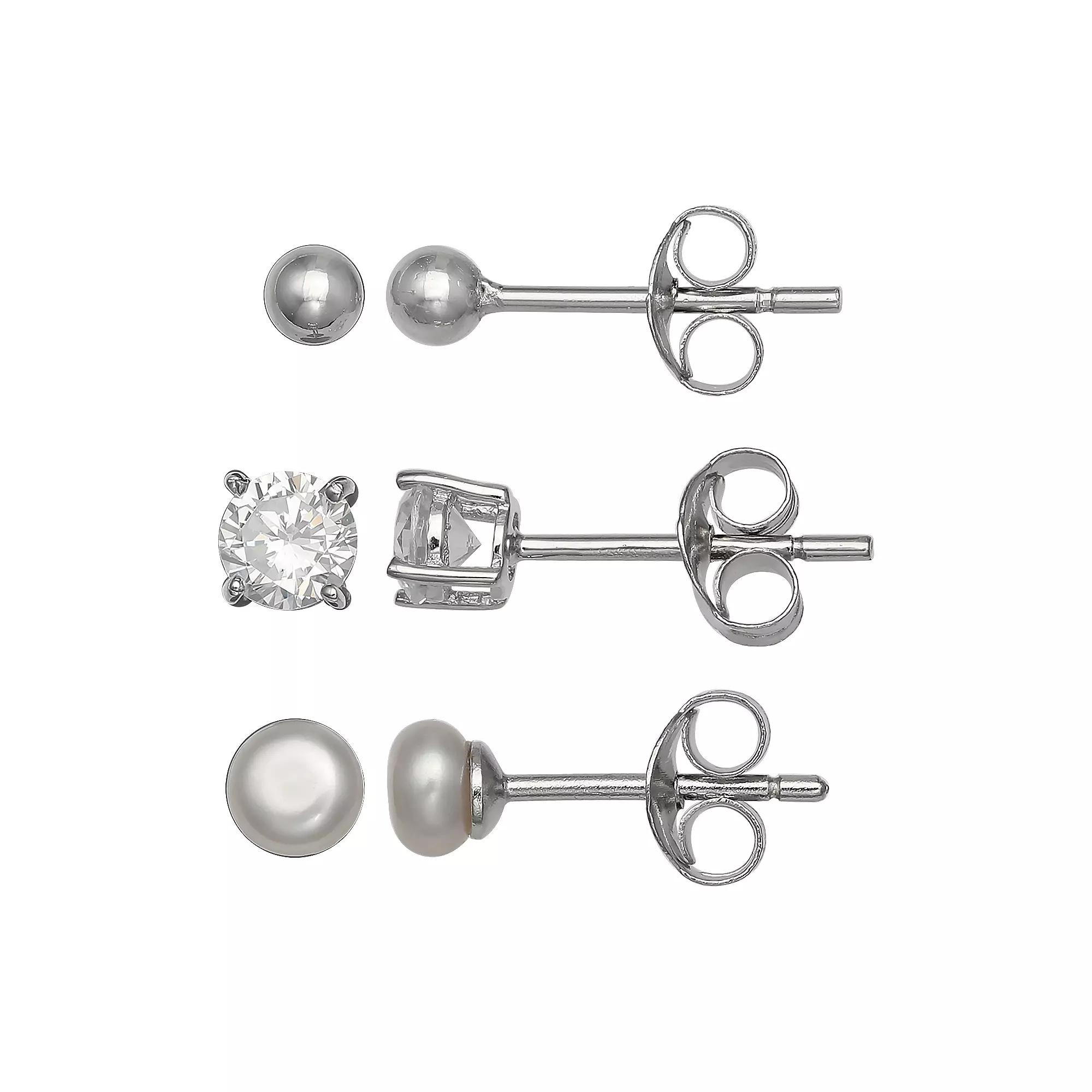 PRIMROSE Sterling Silver Freshwater Cultured Pearl & Cubic Zirconia Stud Earring Set, Women's Product Image