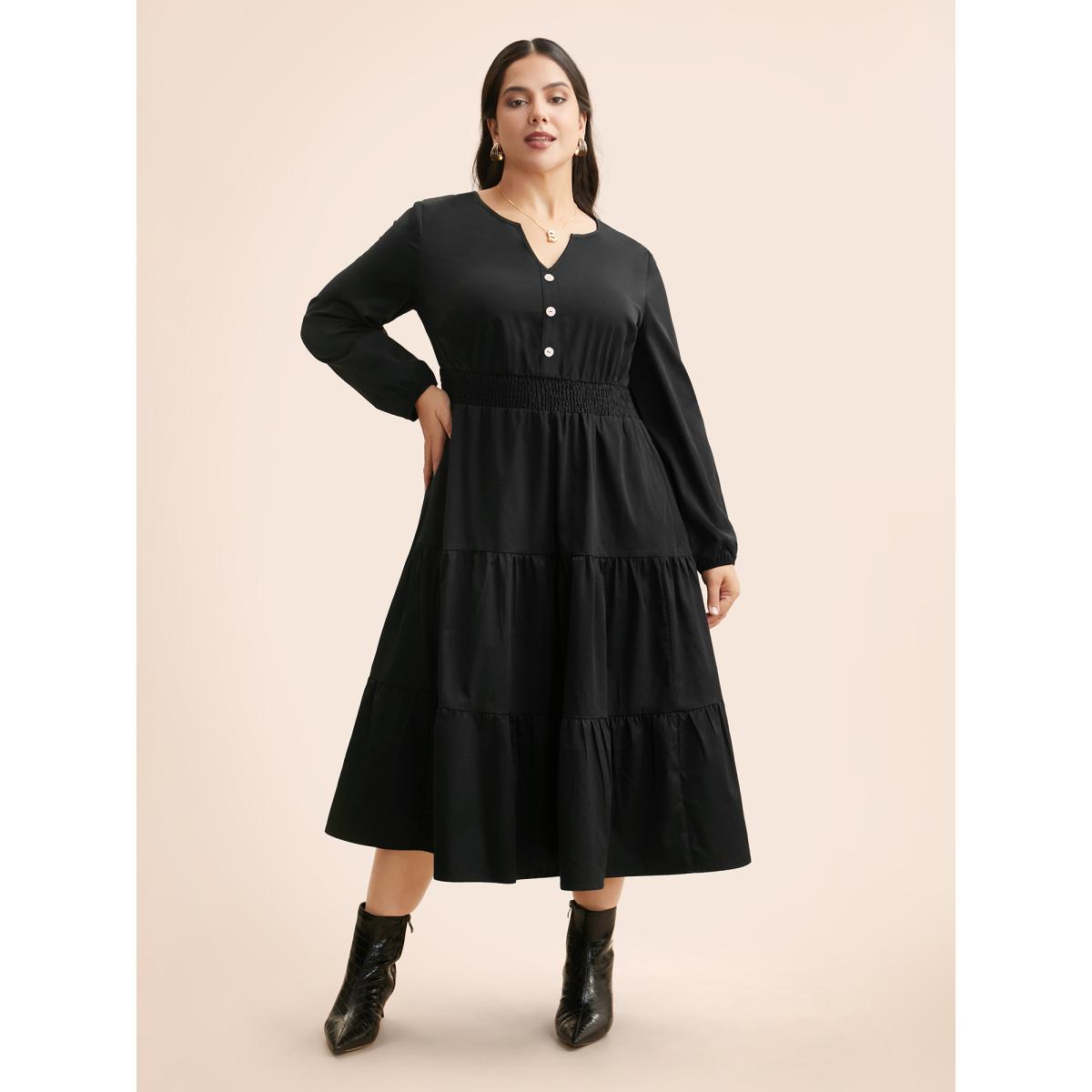 Plus Size Notched Button Detail Ruffle Layered Hem Dress Black Women At the Office Button Flat collar with V-notch Long Sleeve Curvy BloomChic 22-24/3X Product Image
